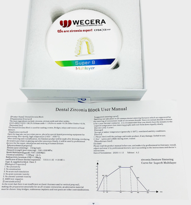 8 Layers Multilayer Zirconia Block 1500 Degree Sintering Compatible Roland/VHF/Imes-icore Machines